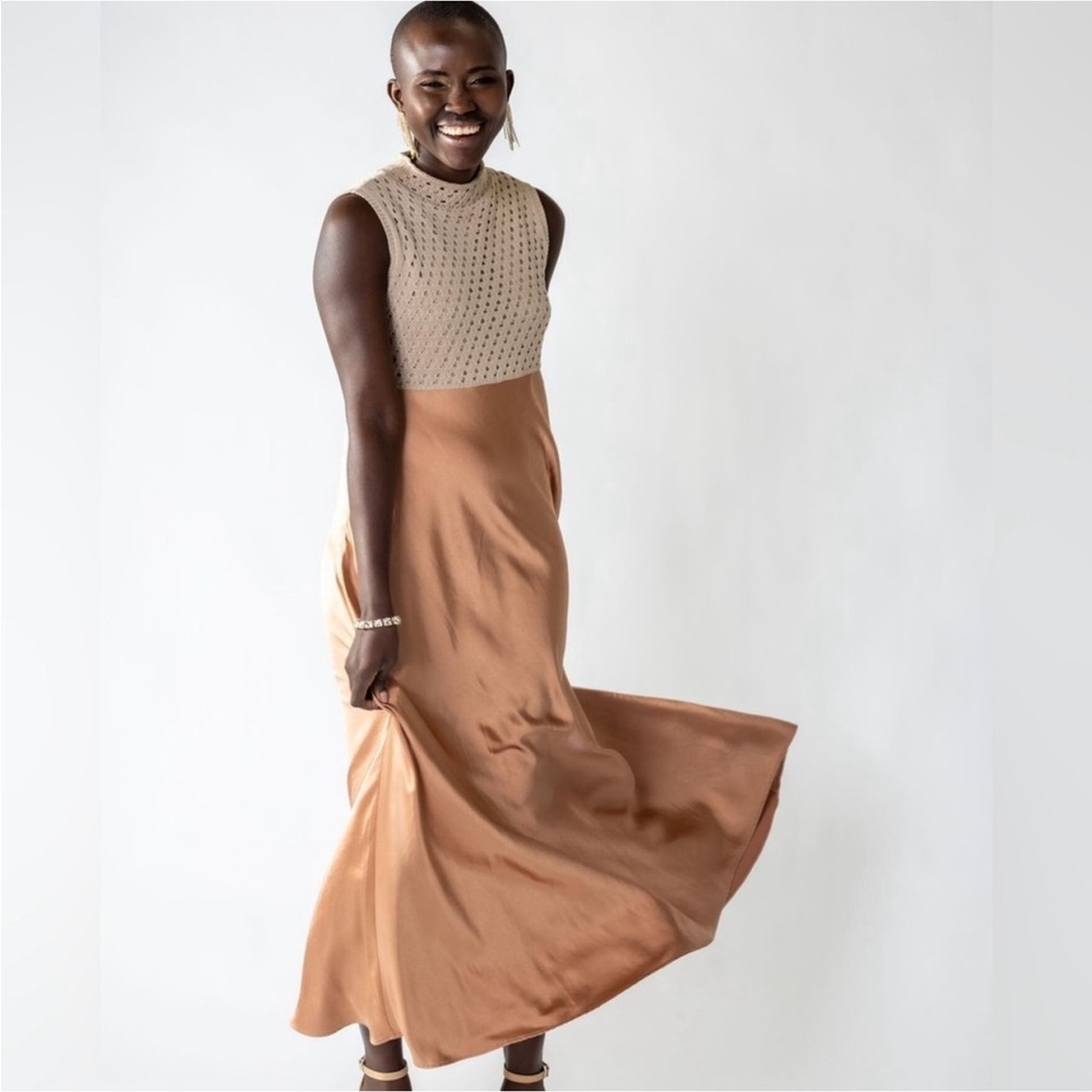 Anthropologie Mare Mare Mock Neck Knit Satin Sleeveless Maxi Dress Mixed Media - Picture 2 of 7